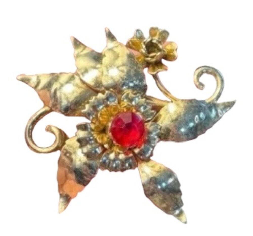 Vintage Gold Tone Floral Brooch Red Rhinestone Center Leaf Spray Statement Pin